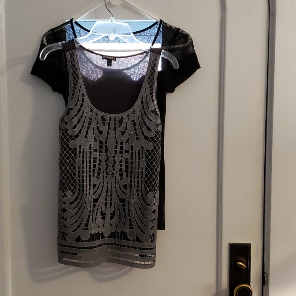 Black lace top and silver sleeveless top
